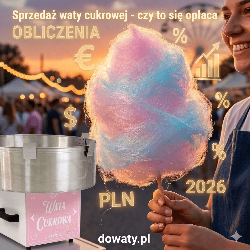 osoba trzyma kolorową watę cukrową, na obrazku są symbole walut oraz napis: sprzedaż waty cukrowej - czy to się opłaca obliczenia 2026